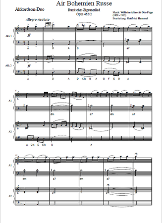 Air Bohemien Russe, Russisches Zigeunerlied Opus 462/2, Wilhelm Albrecht Otto Popp, Gottfried Humml, Akkordeon-Duo, Standardbass MII, Spielstück, mittelschwer, Akkordeon Noten