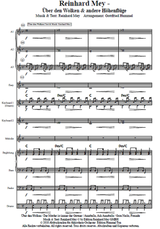 Reinhard Mey - Über den Wolken und andere Höhenflüge, Reinhard Mey, Gottfried Hummel, Akkordeonorchester, Medley, Potpourri, Tophits, Ohrwurm, mittelschwer, Akkordeon Noten