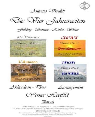 Die Vier Jahreszeiten, Antonio Vivaldi, Werner Heetfeld, Spielstück, Akkordeon-Duo, Standardbass MII/Melodiebass MIII, 4 Violinkonzerte, Frühling, Sommer, Herbst, Winter, schwer, Akkordeon Noten