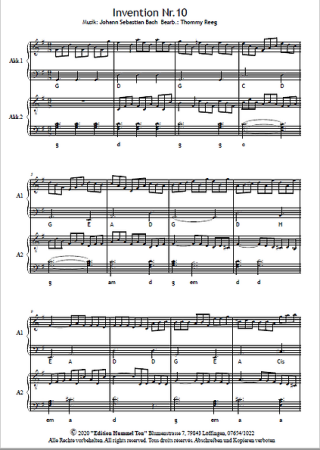 Zweistimmige Inventionen von Bach, Johann Sebastian Bach, Thommy Reeg, Akkordeon-Duo, Standardbass MII, Spielheft, Spielstücke, Klassiker, leicht-mittelschwer, Akkordeon Noten