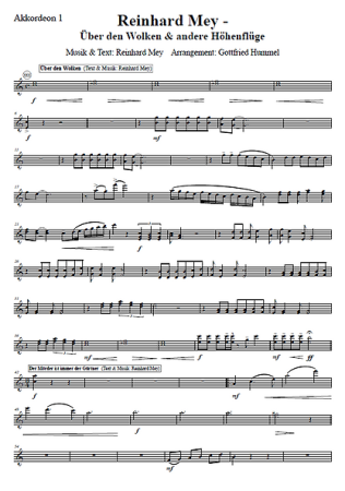 Reinhard Mey - Über den Wolken und andere Höhenflüge, Reinhard Mey, Gottfried Hummel, Akkordeonorchester, Medley, Potpourri, Tophits, Ohrwurm, mittelschwer, Akkordeon Noten