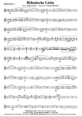 Böhmische Liebe, Mathias Rauch, Gottfried Hummel, Akkordeonorchester, Polka, mittelschwer, Akkordeon Noten
