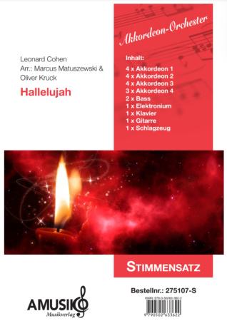 Hallelujah, Leonard Cohen, Marcus Matuszewski, Oliver Kruck, Akkordeon-Orchester, ​Konzerthighlight, Ohrwurm, Gänsehautnummer, Kirchenkonzert, Filmmusik, Soundtrack, mittelschwer, Akkordeon Noten, Megahit, Stimmensatzdeckblatt