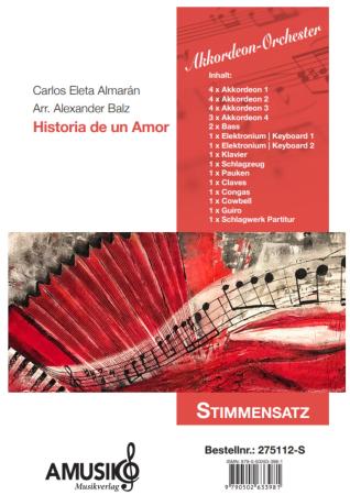 Historia de un Amor, Carlos Eleta Almarán, Alexander Balz, Akkordeon-Orchester, Bolero, Kuba, verlorene Liebe, flexible Besetzung, mittelschwer, Akkordeon Noten, Stimmensatzdeckblatt