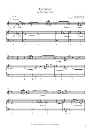 Lebwohl, Manfred Leuchter, Martina Kluge, Akkordeon-Duo, Akkordeon-Trio, Standardbass MII, Melodiebass MIII, Duett, emotional, melodische Tiefe, mittelschwer, Konzertstück, Wettbewerbsstück, Akkordeon Noten, Notenbeispiel