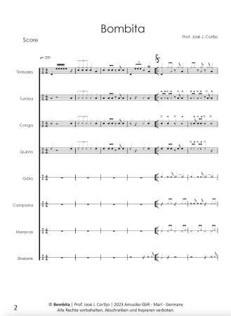Bombita, Prof. José J Cortijo, Percussion-Ensemble, 8 Spieler, Quinto, Conga, Tumba, Timbales, Güiro, Campana (Hand Cowbell), Shekere, Maracas, Puerto Rico, Latin, mittelschwer, Originalkomposition, Noten für Schlagwerk, Probeseite