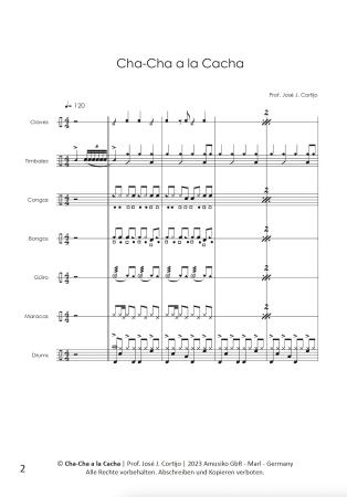Cha-Cha a la Cacha, Prof. José J Cortijo, Percussion-Ensemble, 7 Spieler, Claves, Timbales, Conga, Bongos, Güiro, Maracas, Drum Set, Cuba, Latin, mittelschwer, Originalkomposition, Noten für Schlagwerk, Beispielseite