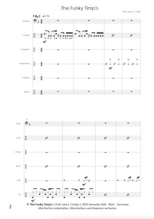The Funky Timp's, Prof. José J Cortijo, Percussion-Ensemble, 6 Spieler, Timpani (F-Bb-C), Congas, Campana (Hand Cowbell), Tambourine, Cabassa, Drum Set, mittelschwer, Originalkomposition, Noten für Schlagwerk, Beispielseite
