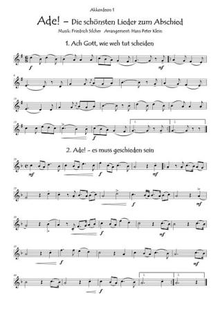 Ade! Die schönsten Lieder zum Abschied, Friedrich Silcher, ​Hans Peter Klein, Akkordeon-Quartett, zu viert musizieren, Abschiedslieder, Trennungslieder, leicht-mittelschwer, Akkordeon Noten, Probeseite