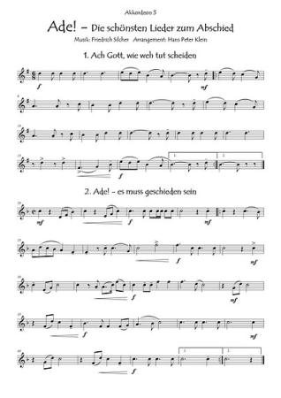 Ade! Die schönsten Lieder zum Abschied, Friedrich Silcher, ​Hans Peter Klein, Akkordeon-Quartett, zu viert musizieren, Abschiedslieder, Trennungslieder, leicht-mittelschwer, Akkordeon Noten, Demoseite