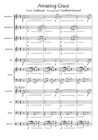 Amazing Grace, Gottfried Hummel, Akkordeonorchester, Traditional, leicht-mittelschwer, Easy-Stimme, Kiddy-Stimme, Akkordeon Noten, Probeseite