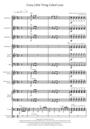 Preview: Crazy Little Thing Called Love, Freddie Mercury, Queen, Oliver Kruck, ​Rock'n'Roll-Hit für Akkordeon-Orchester, mittelschwer, Akkordeon Noten, Blick in die Noten