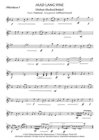 Auld Lang Syne, Gottfried Hummel, Akkordeonorchester, Traditional aus Schottland, leicht-mittelschwer, Easy-Stimme, Kiddy-Stimme, Akkordeon Noten, Blick in die Noten