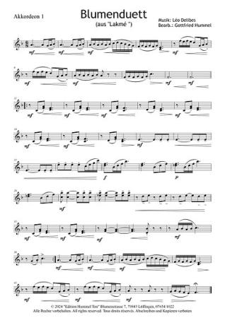 Blumenduett (aus Lakmé), Léo Delibes, Gottfried Hummel, 2 Melodieinstrumente und Akkordeonorchester, Oper, Werbung, Werbesong, 2 Solostimmen, Easy-Stimme, Kiddy-Stimme, mittelschwer, Akkordeon Noten, Beispielseite