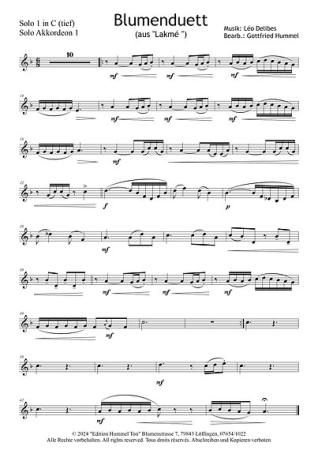 Blumenduett (aus Lakmé), Léo Delibes, Gottfried Hummel, 2 Melodieinstrumente und Akkordeonorchester, Oper, Werbung, Werbesong, 2 Solostimmen, Easy-Stimme, Kiddy-Stimme, mittelschwer, Akkordeon Noten, Notenbeispiel