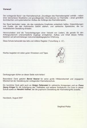 Die D1-Schule für Klarinette, Siegfried Pfeifer, Schulwerk für Klarinette, Klarinettenschule, Lehrwerk, tiefes Register, mittleres Register, Klarinette spielen lernen, Anfänger, Grundlagen, sehr leicht, Klarinetten Noten, Klarinettenunterricht, Vorwort