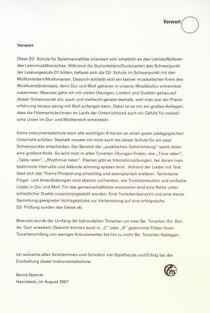 Die D2-Schule für Sopranflöte (Spielmannsflöte), Bernd Nawrat, Flötenschule, Spielmannszug-Flöte, Schulwerk, Lehrwerk, Molltonleitern, Molltonarten, praktische Gehörbildung, Vortragsstücke, Duette, leicht, Flöten Noten, Vorwort