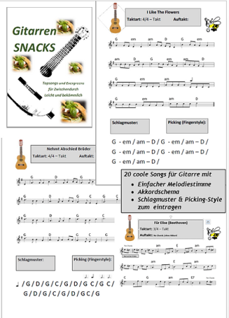 Gitarren Snacks, Gottfried Hummel, Gitarre, Spielheft, Soloband, Evergreens, Topsongs, leicht, Gitarren Noten, einfache Spielstücke, Gitarre spielen lernen, Probeseiten