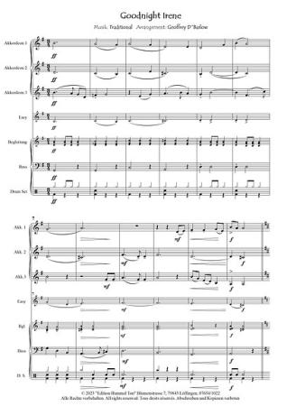 Goodnight Irene, Geoffrey D. Barlow, Akkordeonorchester, Slow Waltz, Coverversion, Easy-Stimme, Kiddy-Stimme, mittelschwer, Akkordeon Noten, Blick in die Partitur