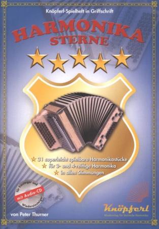 Harmonikasterne, Peter Thurner, Steirische Harmonika, Griffschrift, Spielheft, Soloband, 31 einfache Stücke, sehr leicht-leicht, ​inkl. Audio-CD, für Anfänger, ab dem 1. Lernjahr, Harmonika Noten, Cover