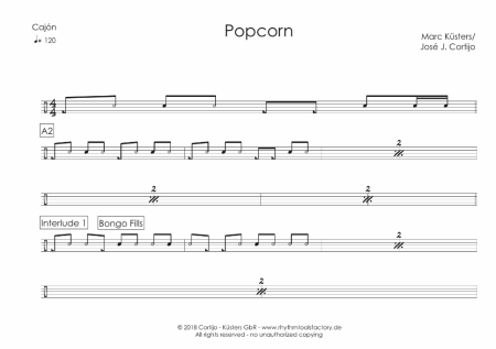 iPlay Cajón Vol. I, Prof. José J. Cortijo, Marc Küsters, Lehr- und Schulungsmaterial für Cajón auf CD-Rom, 11 Playalongs, ausdruckbare Noten, vollständig transkribierte Cajón-Soli, verschiedene Genres, Level 2-5, Cajon Noten, Notenbeispiel