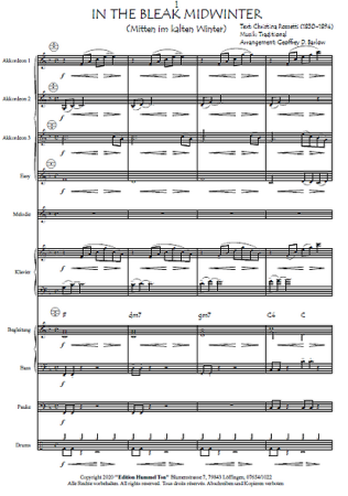 In The Bleak Midwinter, Geoffrey D. Barlow, Gottfried Hummel, Akkordeonorchester, Carol, Weihnachtslied, Adventskonzert, Weihnachtskonzert, mittelschwer, Easy-Stimme, Akkordeon Noten, Weihnachtsnoten