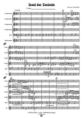 Insel der Fantasie, Werner Heetfeld, Schüler-Orchester, Akkordeon-Orchester, Suite in 4 Sätzen, viersätzig, leicht, Akkordeon Noten, erste Orchesterstücke, Probeseite