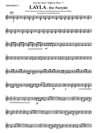 LAYLA, Sommerhit 2022, Dennis Geist, Thomas Wendt, Robin Leutner, Michael Müller, Gottfried Hummel, Akkordeon-Orchester, Partymusik, Mallorca, Malle, Festzelt, Easystimme, Kiddystimme, leicht-mittelschwer, Akkordeon Noten, Beispiel