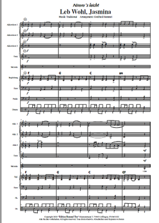 Leb Wohl, Jasmina, Gottfried Hummel, Akkordeonorchester, Schlager, Evergreen, Unterhaltungsmusik, mittelschwer, Easy-Stimme, Akkordeon Noten, Sommerkonzert, Unterhaltungsauftritt