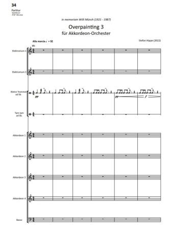 Overpainting I-VI, Wolfgang Jacobi, Stefan Hippe, Akkordeon-Orchester, Auftragskomposition, 6 Sätze, sechssätzig, Übermalung spanischer Volkslieder, sehr schwer, anspruchsvoll, Höchststufe, Akkordeon Noten, Blick in die Partitur
