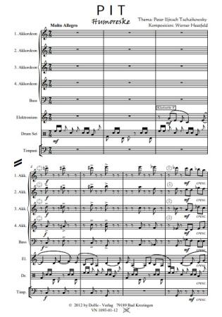 PIT Humoreske, Peter Iljitsch Tschaikowsky, Werner Heetfeld, Originalkomposition, Akkordeon-Orchester und Solo-Elektronium, Thema aus Klavierkonzert, Konzertstück, anspruchsvoll, schwer, Originalmusik, Akkordeon Noten, Probeseite