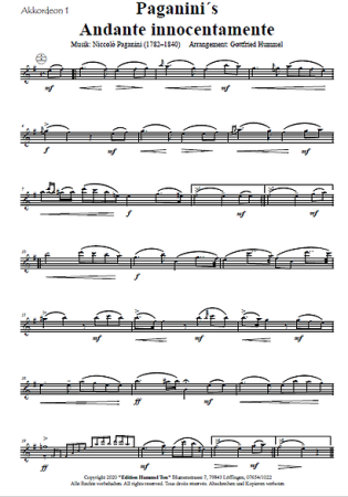 Paganini's Andante Innocentamente, Niccolò Paganini, Gottfried Hummel, Akkordeonorchester, mittelschwer, Easy-Stimme, Teufelsgeiger, Akkordeon Noten