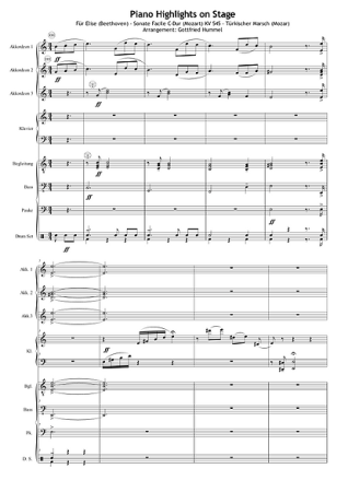 Piano Highlights on Stage, Ludwig van Beethoven, Wolfgang Amadeus Mozart, Gottfried Hummel, Medley für Klavier Solo und Akkordeon-Orchester, Solostimme, mittelschwer, Akkordeon Noten, Probeseite