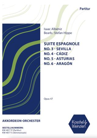 Suite espagnole, Isaac Albéniz, Stefan Hippe, Akkordeon-Orchester, 4 Sätze, Hommage an die Heimat, mittelschwer-schwer, Akkordeon Noten, Auftragsarrangement, Partitur, Titelbild