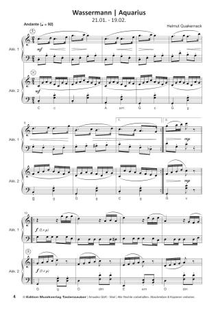 Horoskope, Helmut Quakernack, Spielheft für Akkordeon-Duo, Melodiebass MIII, Standardbass MII, Spielheft, Duoband, 12 musikalische Miniaturen, Sternzeichen, mittelschwer, Originalkompositionen, Originalmusik, Akkordeon Noten, Notenbeispiel