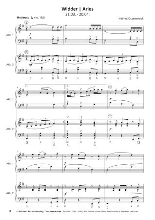 Horoskope, Helmut Quakernack, Spielheft für Akkordeon-Duo, Melodiebass MIII, Standardbass MII, Spielheft, Duoband, 12 musikalische Miniaturen, Sternzeichen, mittelschwer, Originalkompositionen, Originalmusik, Akkordeon Noten, Blick in die Noten