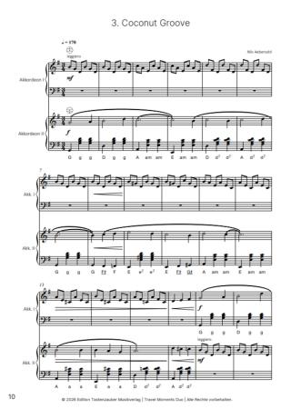 Preview: Travel Moments, Nils Aebersold, Akkordeon-Duo, Duett, Suite in 4 Sätzen, mittelschwer, gemeinsam musizieren, Akkordeon Noten, Blick in die Noten