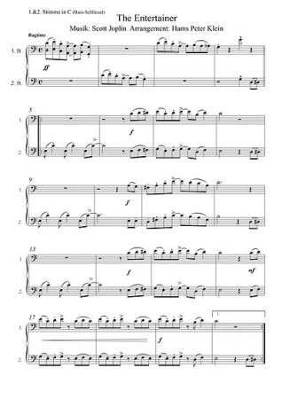 The Entertainer, Scott Joplin, Gottfried Hummel, Kammermusik, 2 Melodieinstrumente (in C hoch & tief, Bb, Es, C (Bass-Schlüssel)), Begleitstimme (Akkordeon oder Klavier), Bass, Ragtime-Klassiker, Filmmusik, Soundtrack, Straßenmusik, Konzertsaal, leicht-mi