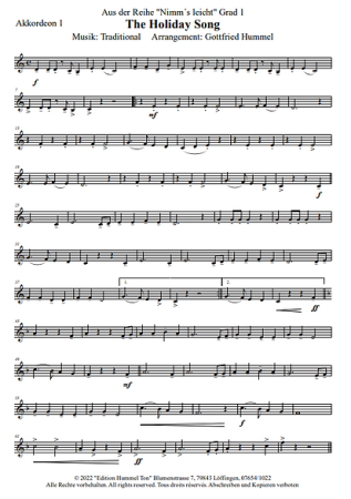 The Holiday Song, Gottfried Hummel, Akkordeonorchester, Schülerorchester, Jugendorchester, Urlaubsfeeling, sehr leicht, erste Orchesterstücke, Anfänger, Akkordeon Noten, Notenbeispiel