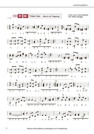 Tiroler Herz Marsch, Klaus Tschurtschenthaler, Hubert Leimegger, Peter Thurner, Josef Rupprechter, Steirische Harmonika, Griffschrift, Einzelausgabe, bekannter Südtiroler Marsch, mittelschwer, ​inkl. Audio-CD, Harmonika Noten, Beispielseite