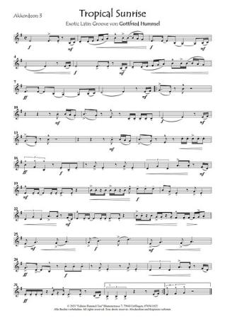 Tropical Sunrise, Gottfried Hummel, Akkordeonorchester, Exotic Latin Groove, Sommer, Sonne, Strand, Easy-Stimme, Kiddy-Stimme, leicht-mittelschwer, Originalkomposition, Originalmusik, Akkordeon Noten, Einblick in die Noten