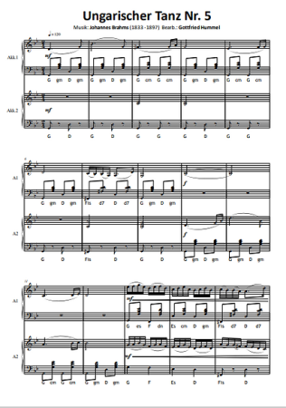 Ungarische Tänze Nr. 1, 4 & 5, Johannes Brahms, Gottfried Hummel, Akkordeon-Duo, Standardbass MII, Klassiker, mittelschwer, Akkordeon Noten