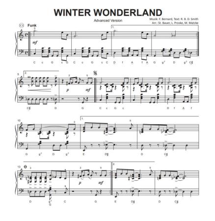 Winter Wonderland, Felix Bernard, Matthias Matzke, Lukas Proste, Stefan Bauer, Einzelausgabe, Akkordeon-Solo, Standardbass MII, Weihnachtslied, Weihnachtsklassiker, 3 Versionen, leicht, mittelschwer, schwer, Funk-Style, Groovy Christmas, Akkordeon Noten,