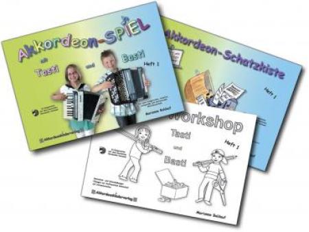 Akkordeon-​SPIEL mit Tasti und Basti 1 - Kombi-​Ausgabe, Marianne Baldauf, Kombination aus Schulwerk, Übungsheft und Spielheft für Akkordeon, sehr leicht, Anfänger, Akkordeon Noten