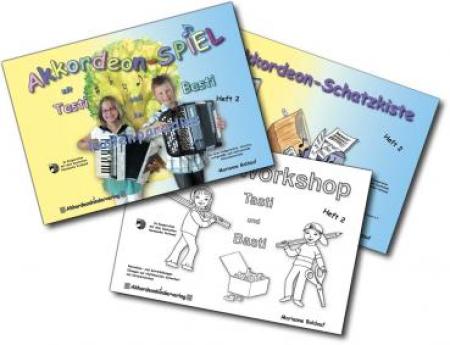 Akkordeon-​SPIEL mit Tasti und Basti 2 - Kombi-​Ausgabe, Marianne Baldauf, Kombination aus Schulwerk, Übungsheft und Spielheft für Akkordeon, sehr leicht, Anfänger, Akkordeon Noten