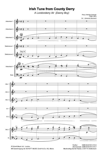 Irish Tune From County Derry, A Londonderry Air, Danny Boy, Percy Aldridge Grainger, Johannes Baumann, Akkordeon-Orchester, irische Volksweise, leicht-mittelschwer, Akkordeon Noten, Blick in die Partitur