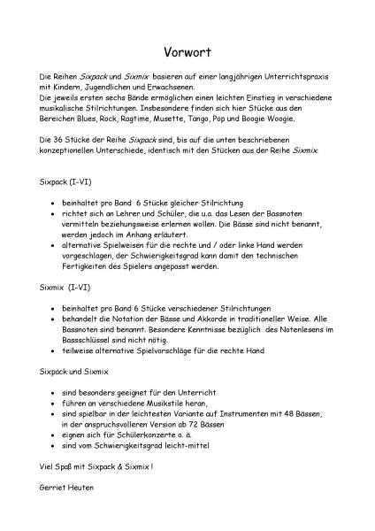 Sixpack 1, Blus & Rock, Gerriet Heuten, Akkordeon-Solo, Standardbass MII, Spielheft, Soloband, Bassnoten lesen lernen, leicht, ​mit CD, unterschiedliche Genres, verschiedene Stilrichtungen, alternative Spielvorschläge, Akkordeon Noten, Vorwort