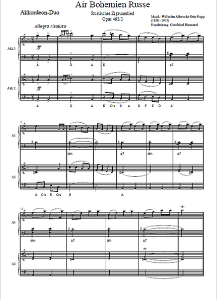 Air Bohemien Russe, Russisches Zigeunerlied Opus 462/2, Wilhelm Albrecht Otto Popp, Gottfried Humml, Akkordeon-Duo, Standardbass MII, Spielstück, mittelschwer, Akkordeon Noten