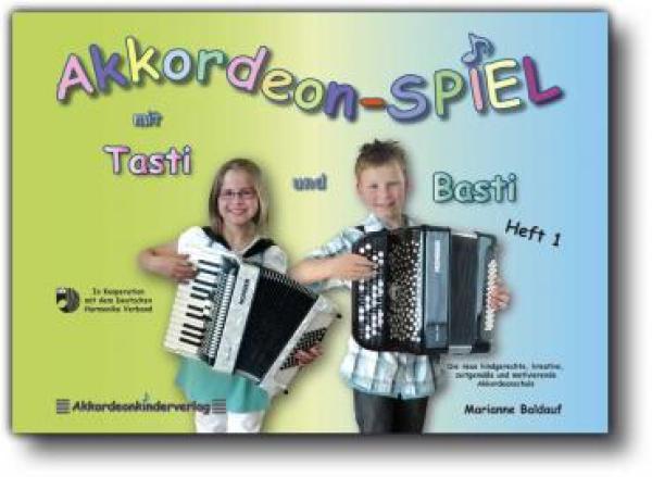 Akkordeon-Spiel mit Tasti und Basti 1, Marianne Baldauf, Schulwerk für Akkordeon, Akkordeonschule, Piano-Akkordeon, C-Griff Knopf, B-Griff Knopf, sehr leicht, Akkordeonspielen lernen, Anfänger, Akkordeon Noten