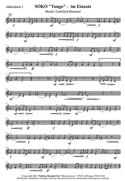 SOKO Tango - im Einsatz, Gottfried Hummel, Akkordeonorchester, Jugendorchester, Schülerorchester, Tango, leicht-mittelschwer, Akkordeon Noten